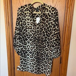 NWT Justify Leopard Print Tunic Blouse Top Black Tan Sheer 3/4 Roll-tab Sleeves